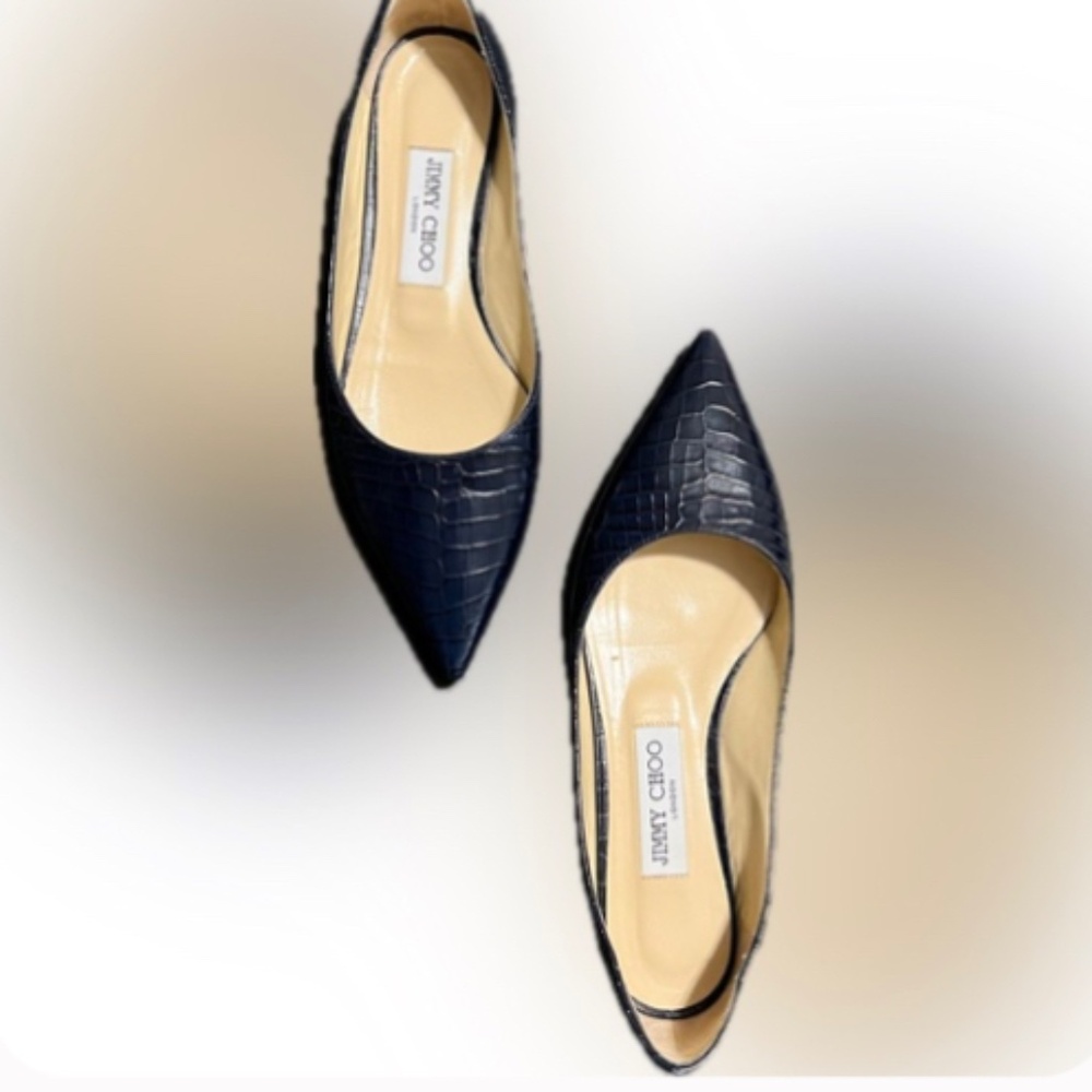 Jimmy Choo Love crocs print pointy toe flats in navy, 37.5